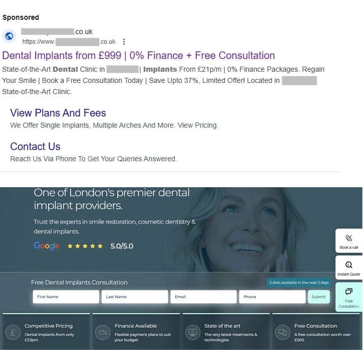 Example of an effective Google Ads landing page for dental implants with clear pricing and booking form