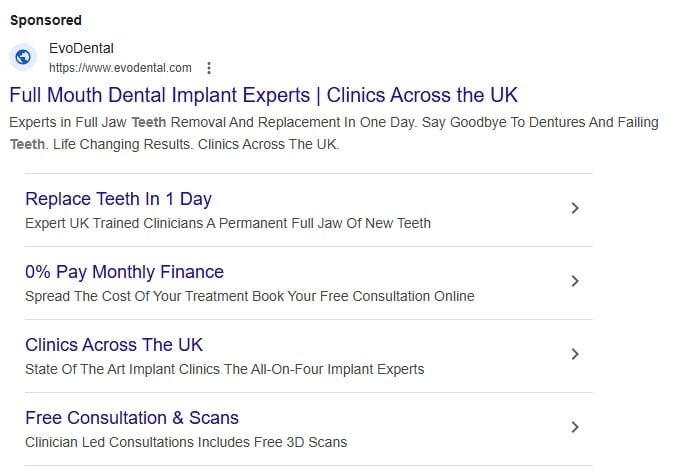 Example Google Ads for cosmetic dentistry