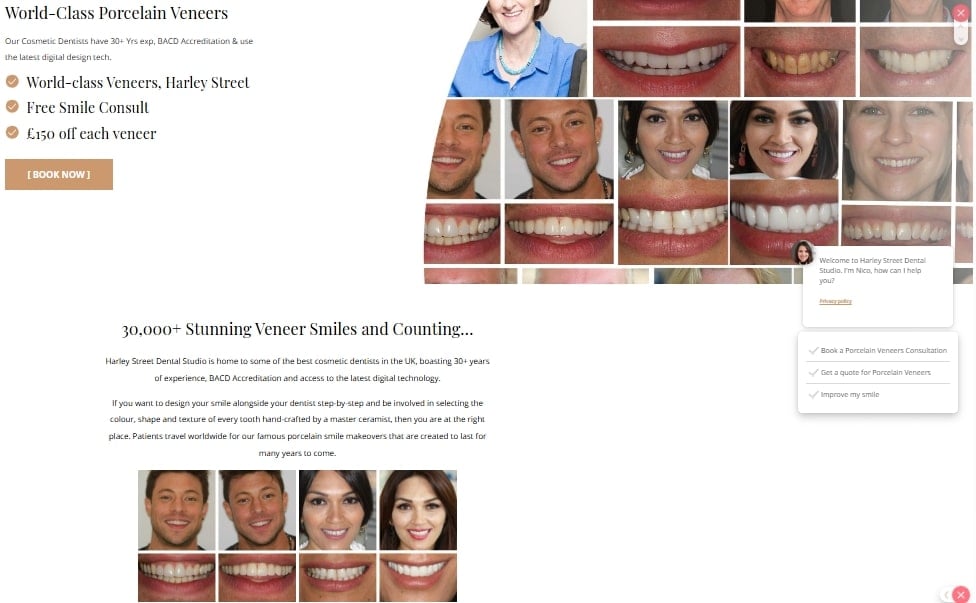 Example landing page for cosmetic dentistry Google Ads campaign with before/after gallery and consultation booking