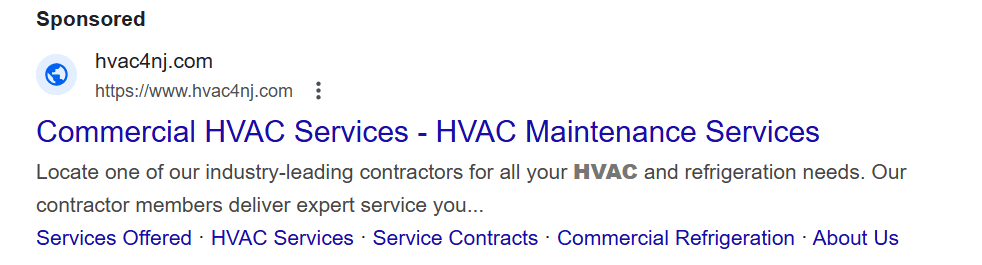Google Ads example for roofers showing ad extensions and sitelinks