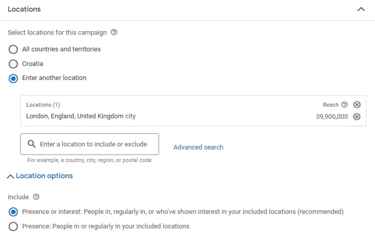 Location targeting for roofer Google Ads