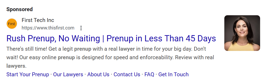 Example Google Ads ad copy for prenuptial agreement lawyer